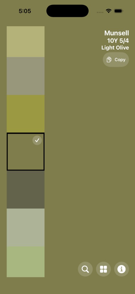 GeoColour on iPhone showing Light Olive (10Y 5/4) selected in a vertical Munsell swatch rail with a Copy control