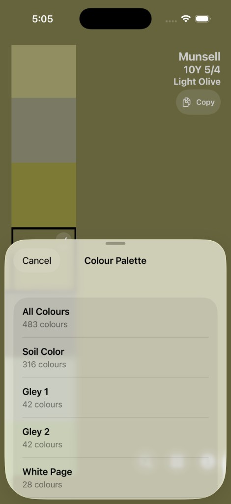 GeoColour Colour Palette sheet listing All Colours, Soil Color, Gley 1, Gley 2 and White Page collections