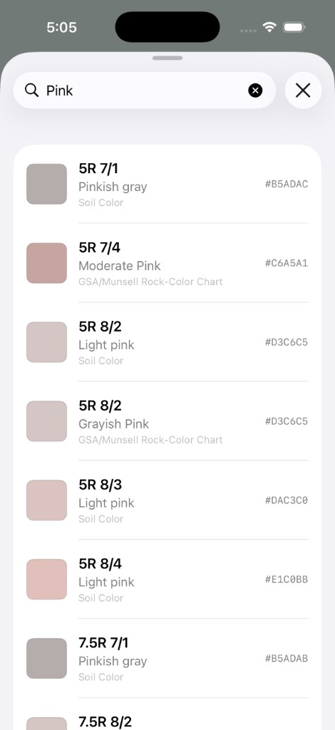GeoColour search results for Pink showing Munsell notations, descriptive names, palette membership and HEX values